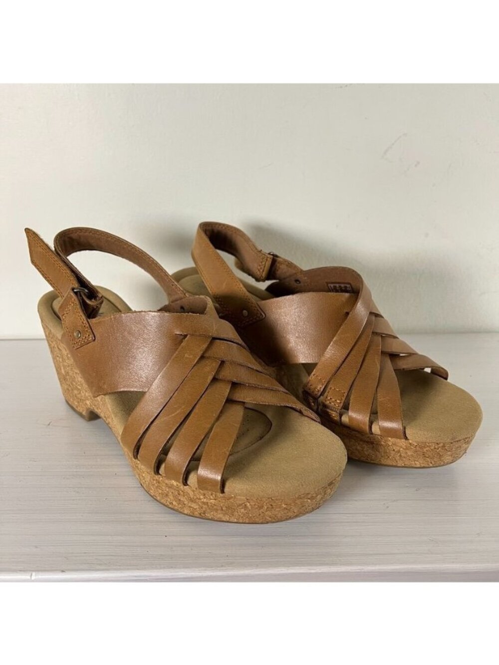 Clarks Brown Leather Cork Wedge Sandals